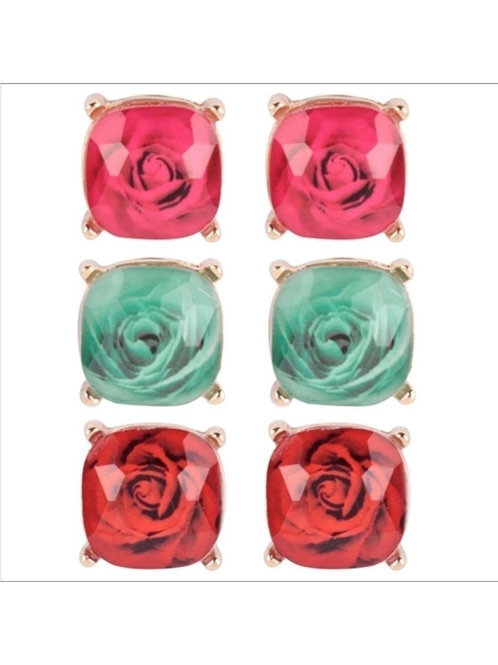 Rose Petal Glass Earrings 3 Pair Red Green Pink